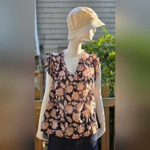 Light Cotton MKT Blue,cream & Rust V Neck Top Size 12, Short Sleeve - Picture 4 of 14